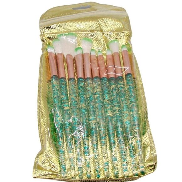 NEW Set of 10 Cosmetic MakeUp Brushes Green Glittered Acrylic Handle Sealed Pkg - Picture 1 of 7